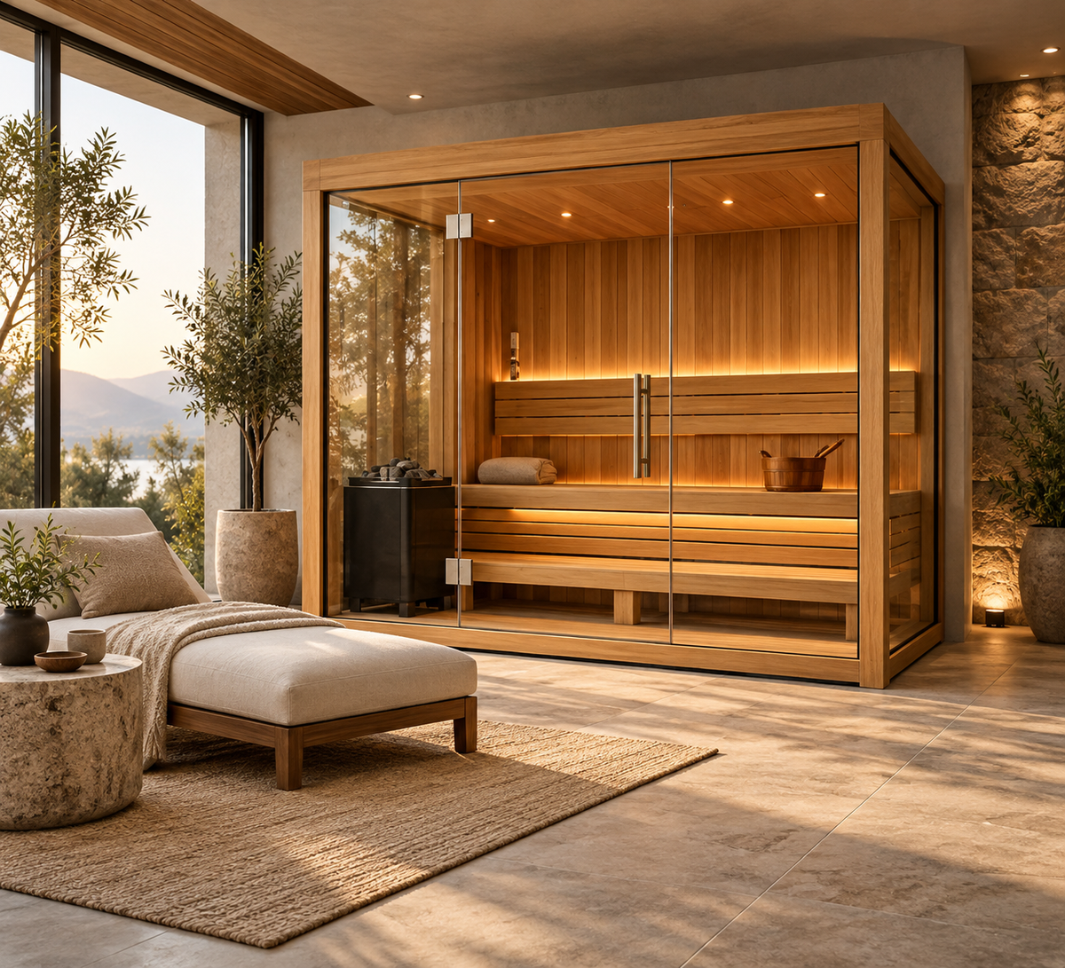 Glass-front wooden sauna in a modern wellness space with warm lighting, stone flooring, and lounge seating. 