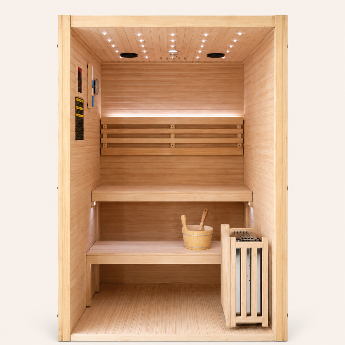 Front view of the Outexer HF8 2-person traditional sauna with three 8 mm clear glass panels