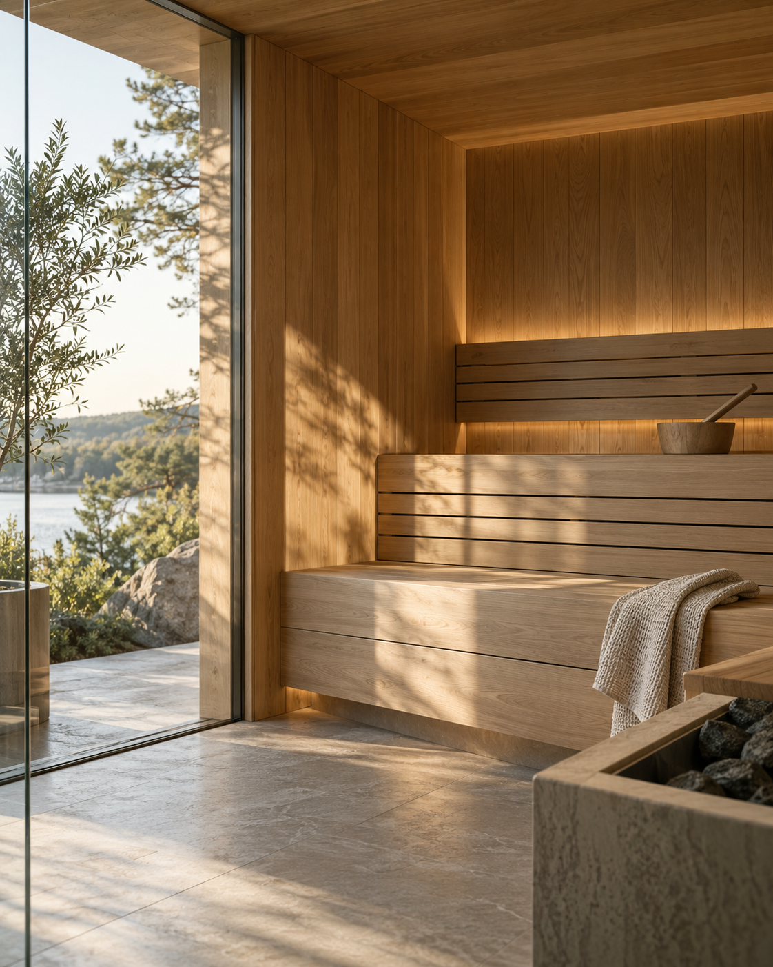 Modern wooden home sauna interior with natural light, minimalist benches, warm lighting, and floor-to-ceiling glass overlooking a lake