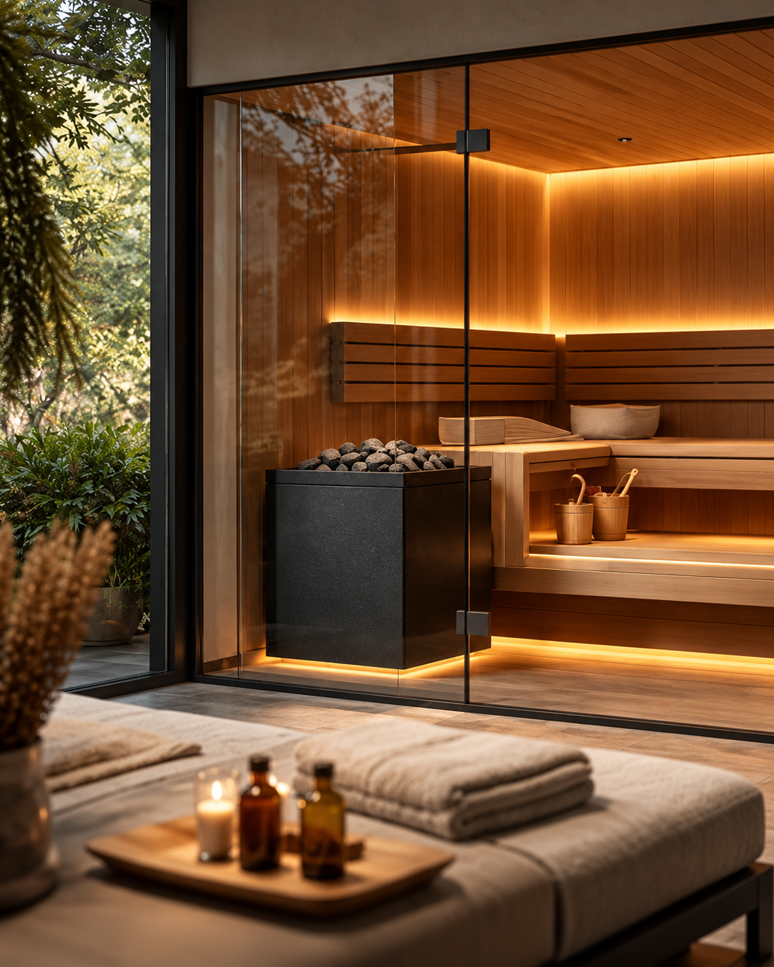 Wooden traditional sauna with glass doors, a stone-filled heater, warm interior lighting, and towels in a modern wellness setting.