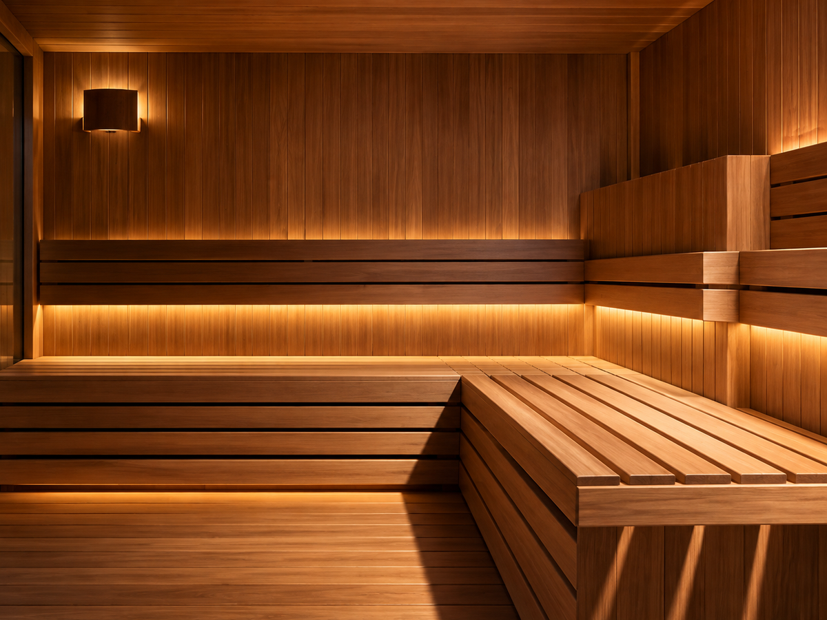Warm wooden sauna interior featuring spacious L-shaped bench seating, natural wood paneling, and soft ambient lighting.