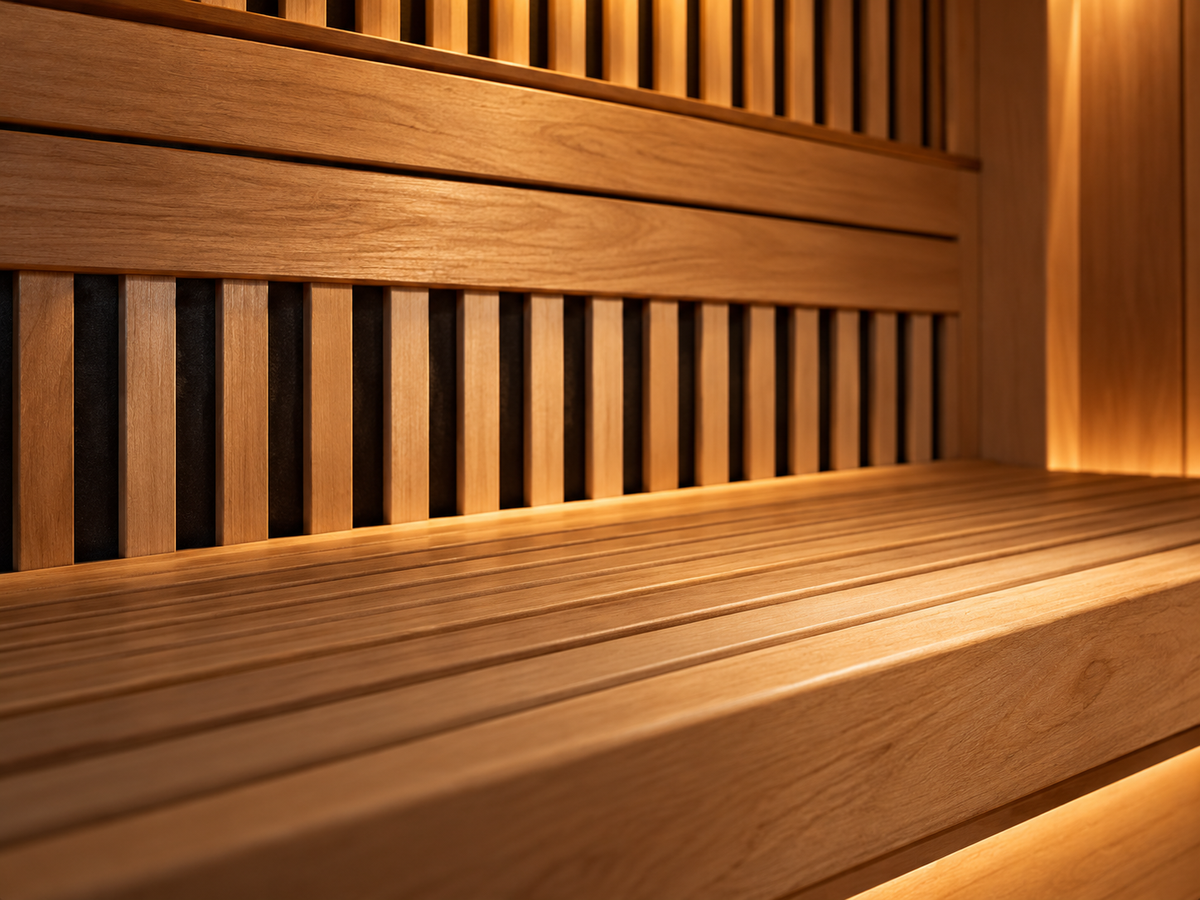 Close-up of a wooden sauna bench with natural wood grain, smooth slatted seating, and a vertical slatted backrest.