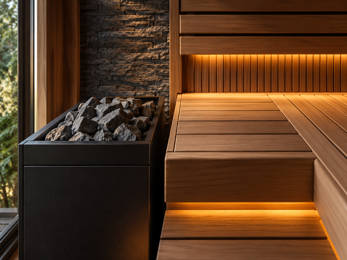 Traditional electric sauna heater filled with dark sauna stones beside wooden bench seating and a textured stone wall.