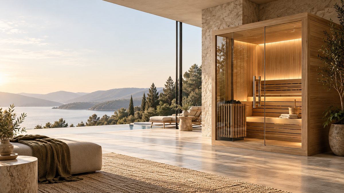 Modern wood-and-glass home sauna with warm interior lighting in a sunlit living space overlooking a lake and mountains.