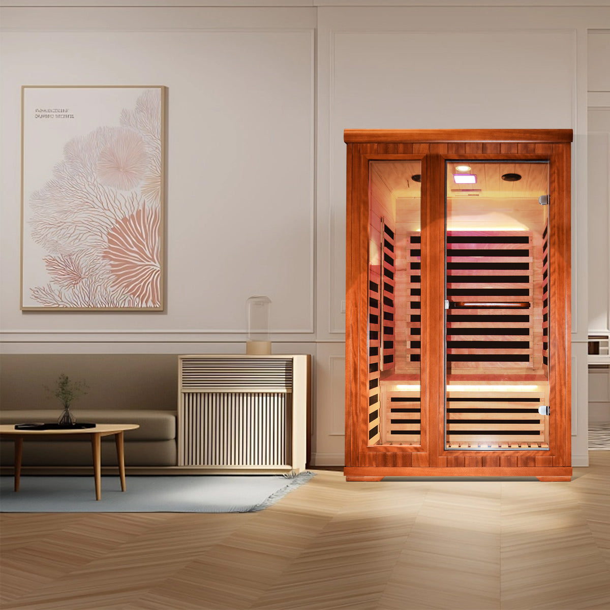 Outexer infrared sauna HM3 in a modern living room setting with a painting on the wall.