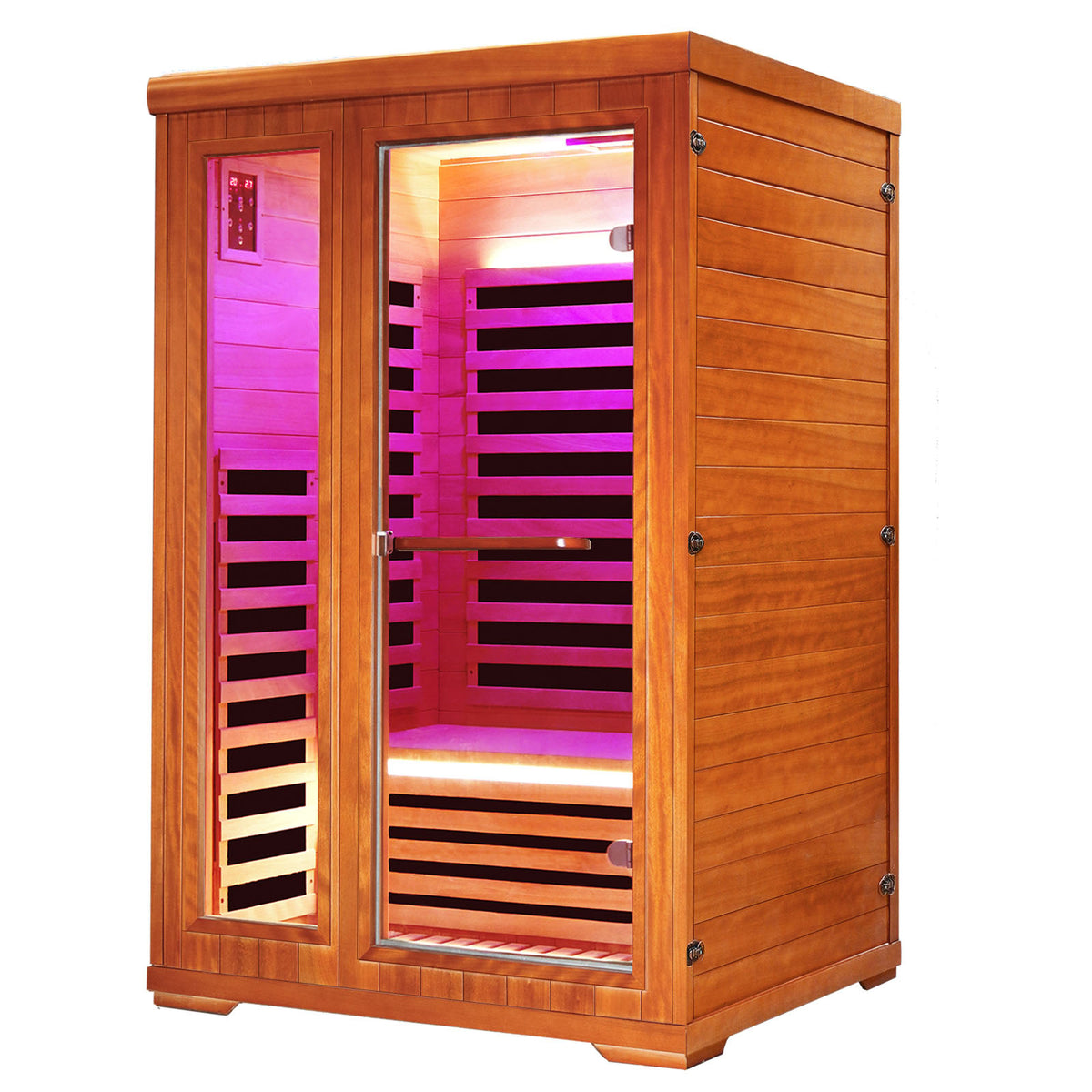 Outexer 2 person infrared sauna HM3 with pink and purple interior lights on a white background