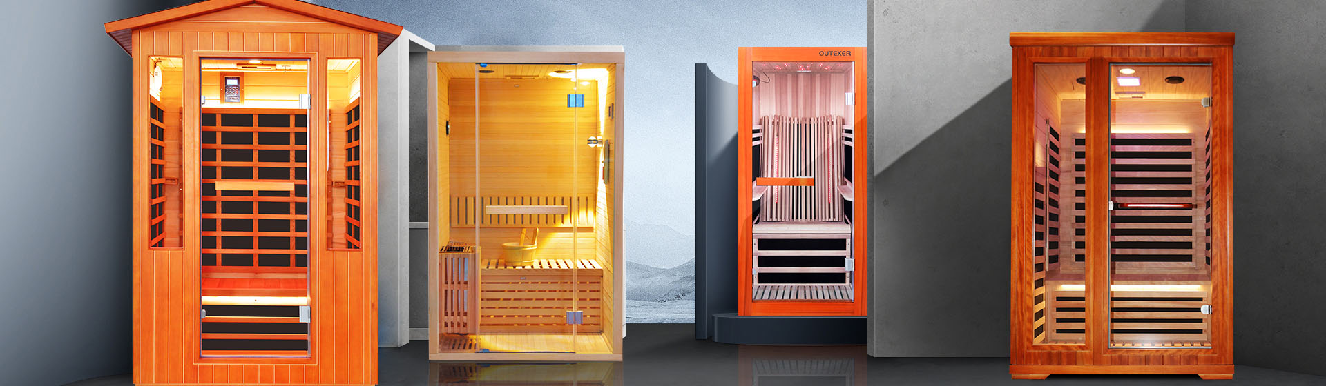 Four wooden saunas of different sizes and designs on a gray background
