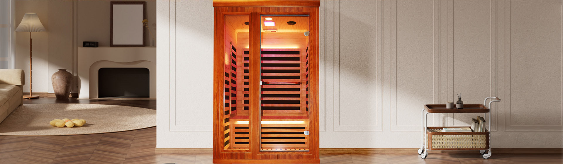 Infrared sauna in a modern room with a lamp and furniture.