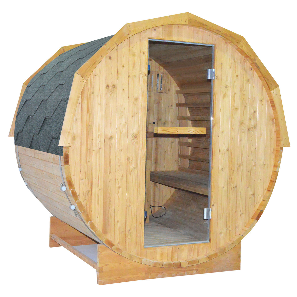 Barrel sauna with a glass door on a white background