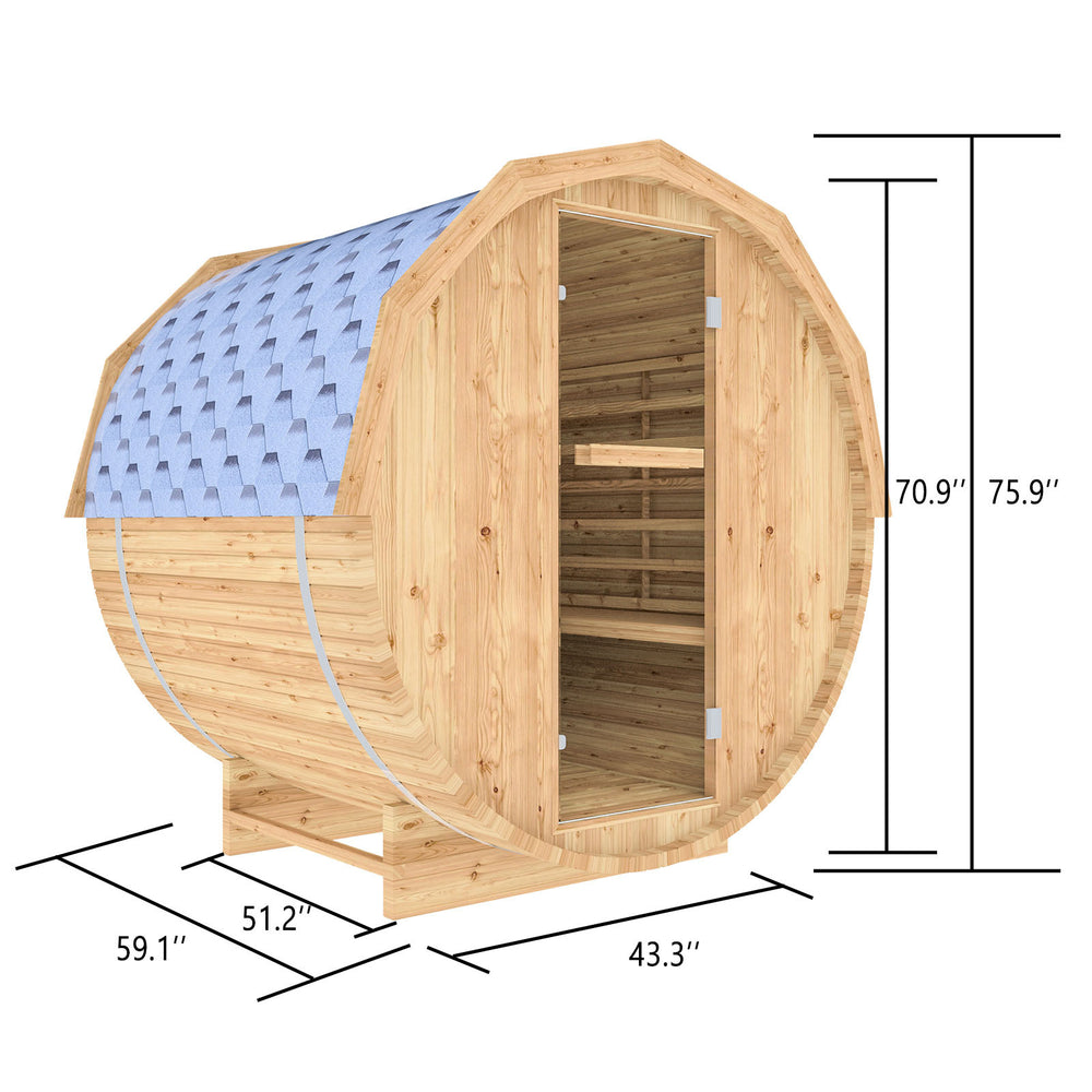 Wooden barrel with a blue cover and dimensions labeled on a white background