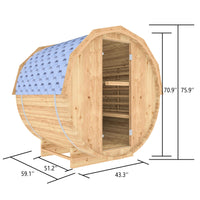 Wooden barrel with a blue cover and dimensions labeled on a white background
