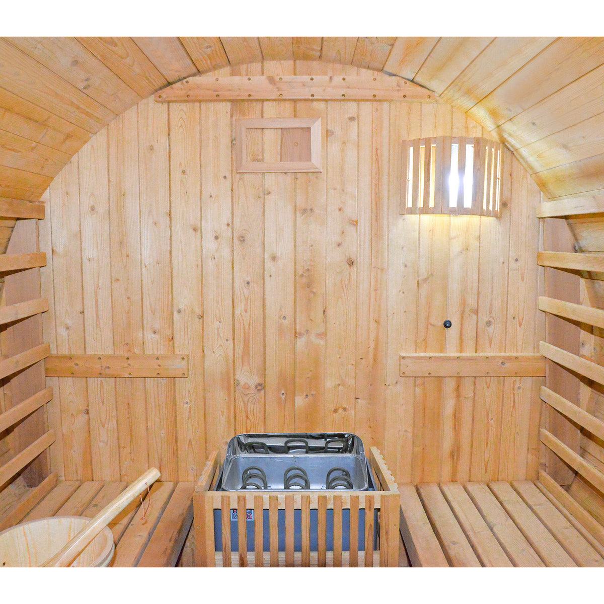 Wooden barrel sauna with a hot tub inside