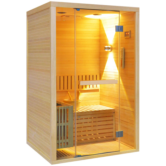 Outexer traditional sauna HY8 with glass door on a white background