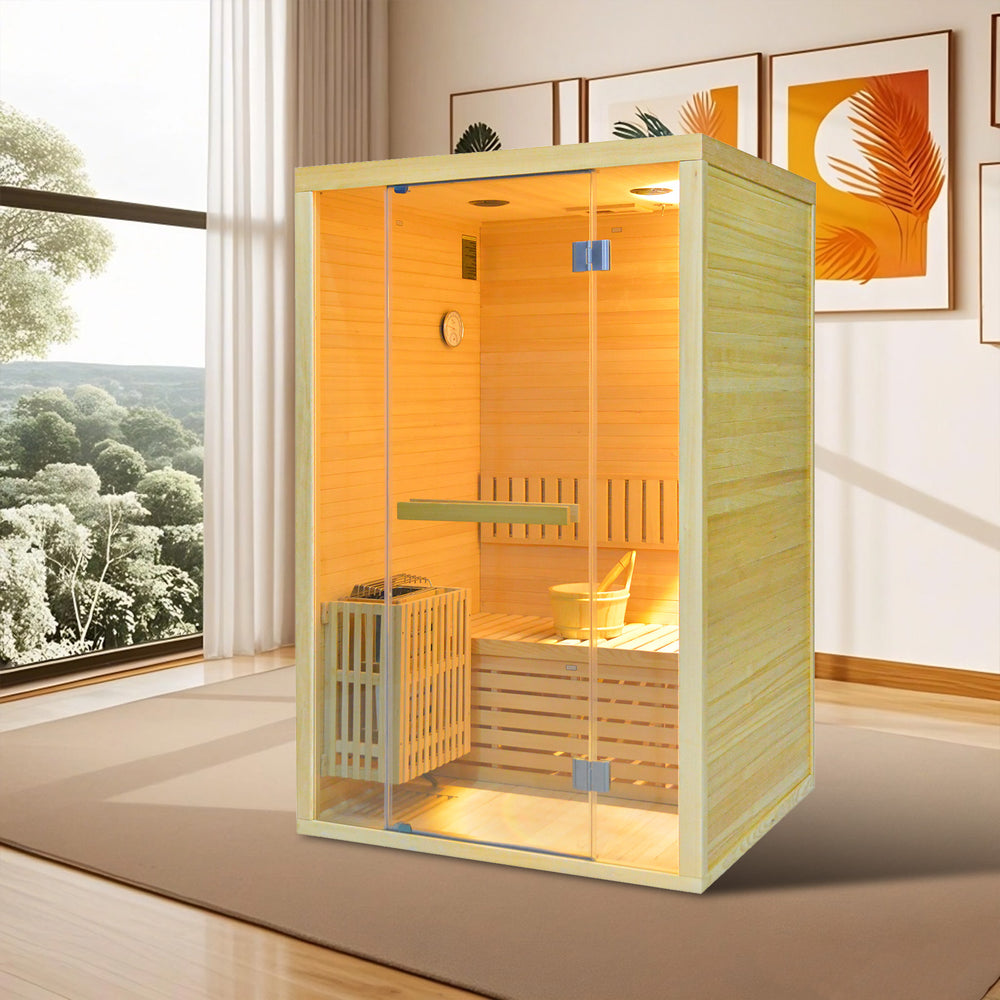 traditional sauna HY8 with glass door in a room with large windows and wall art.