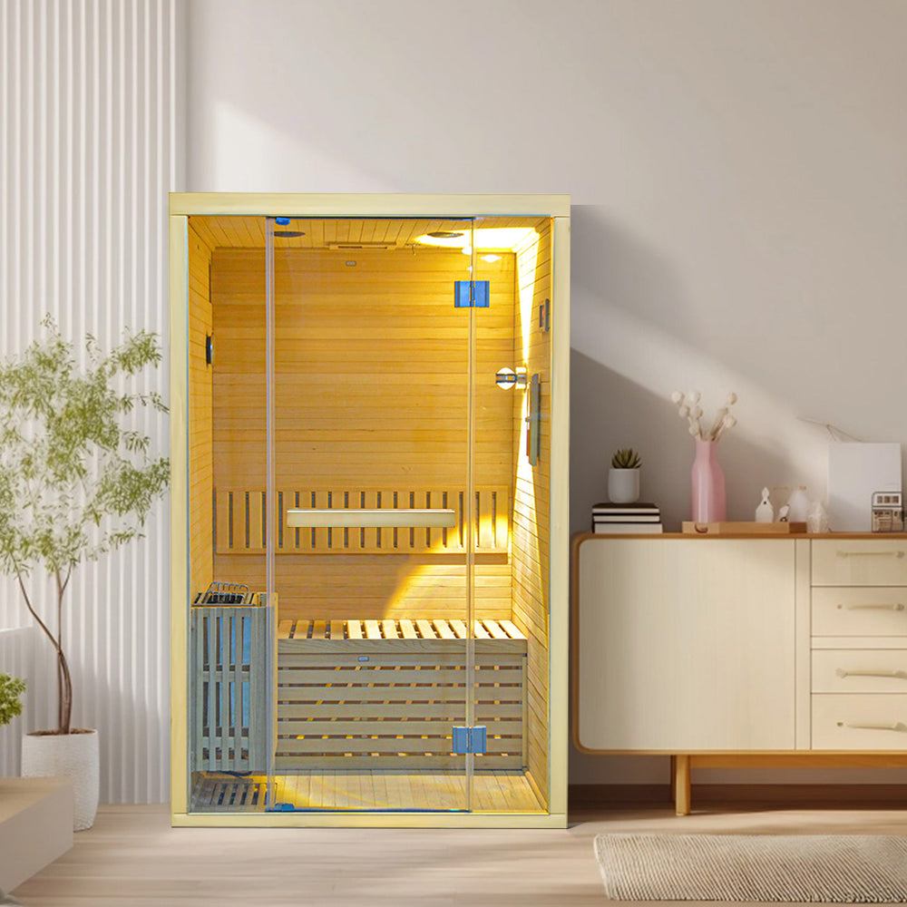 traditional sauna HY8 in a room with a wooden cabinet and decorative items.