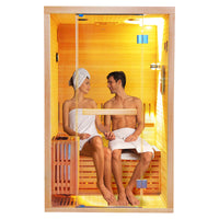 A couple sitting in a traditional sauna HY8