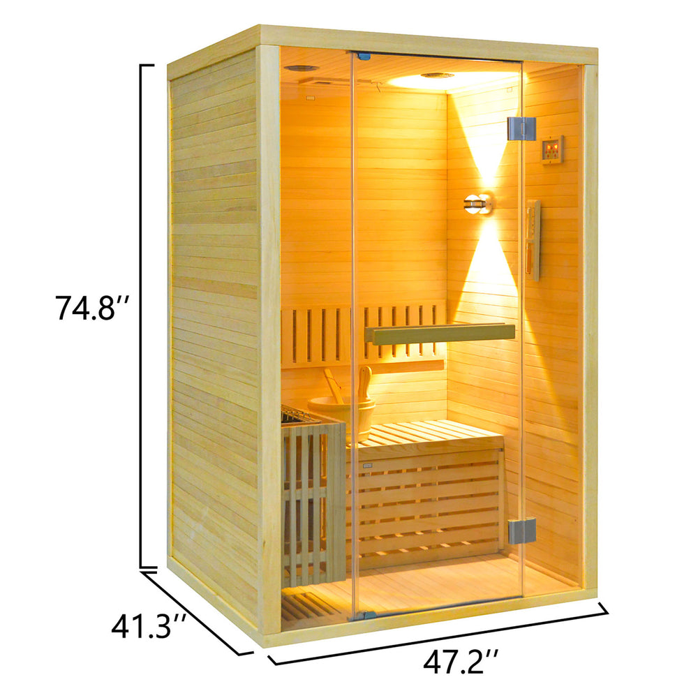 Outexer traditional sauna with dimensions labeled on a white background