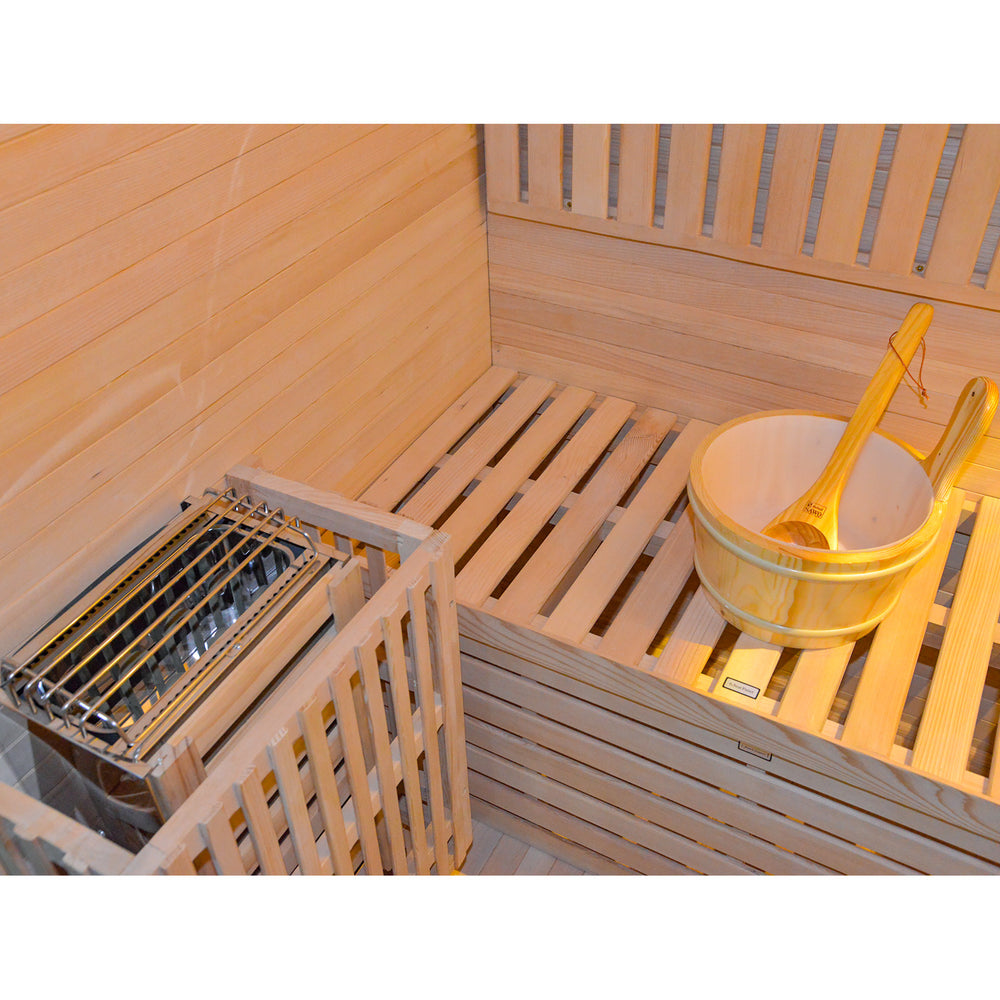 traditional sauna HY8 interior with a basket and ladle on a white background